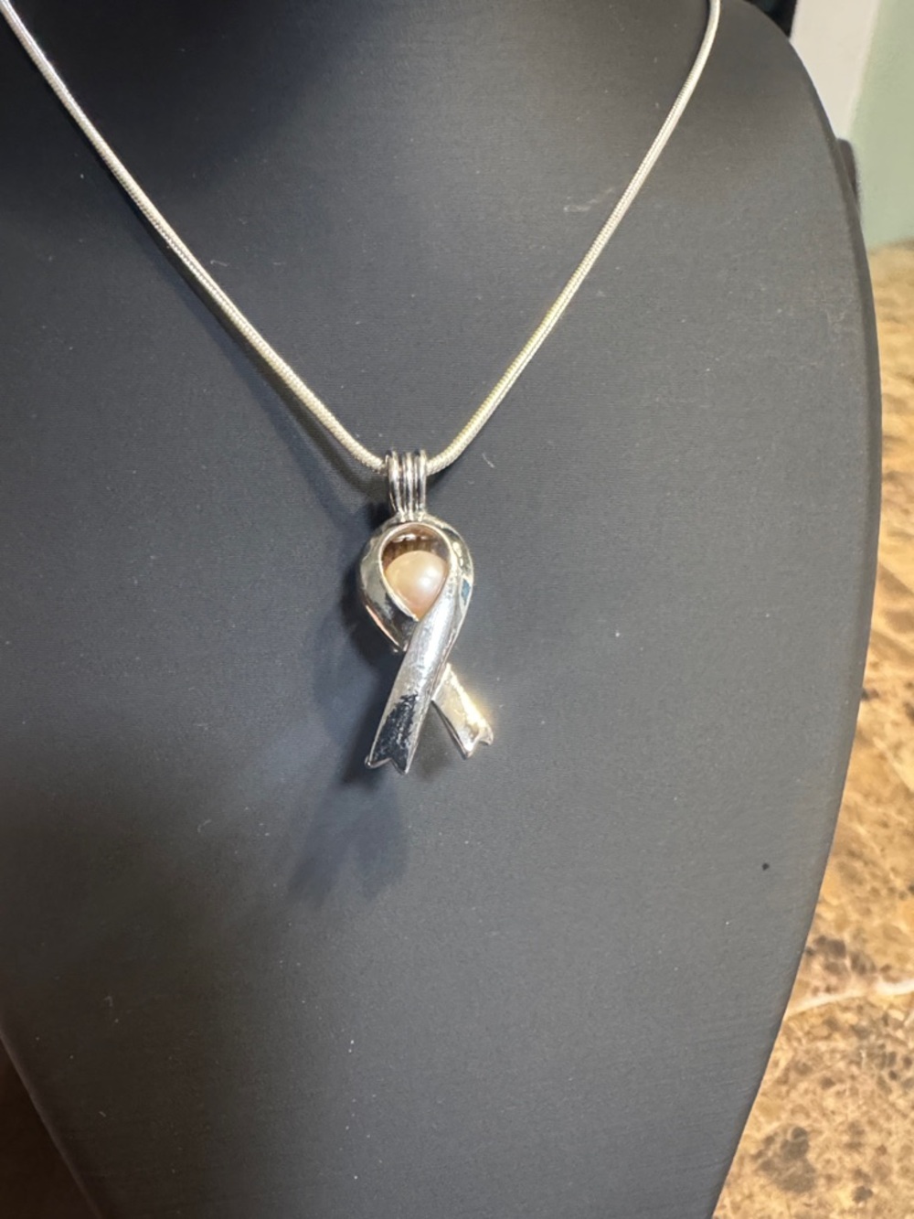 Champagne (light) Pink Oyster Pearl incased in  Cancer Awareness Ribbon Pendant